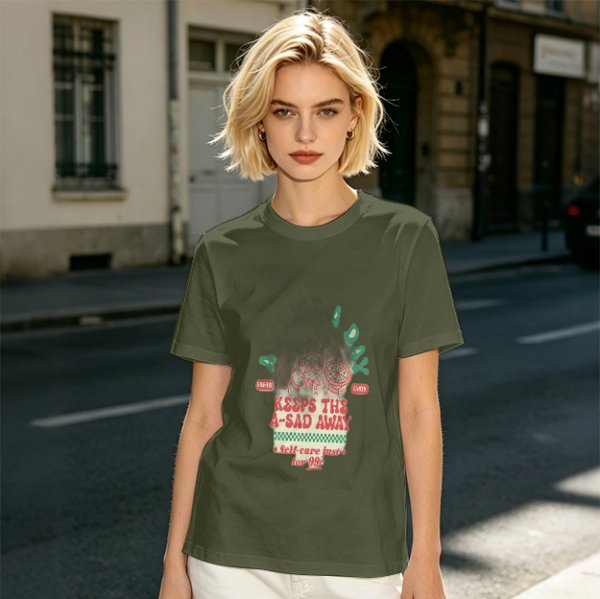 Olive graphic t-shirt with funny cat and 'keeps the a-sad away' text