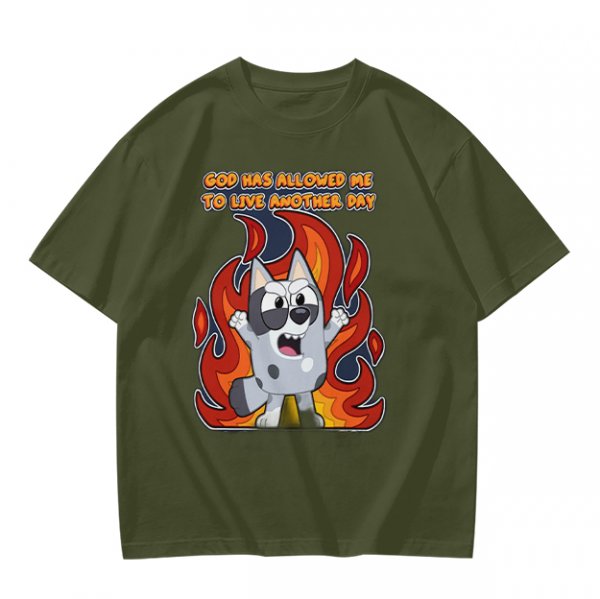 Olive t-shirt with cartoon dog and 'God has allowed me to live another day' print