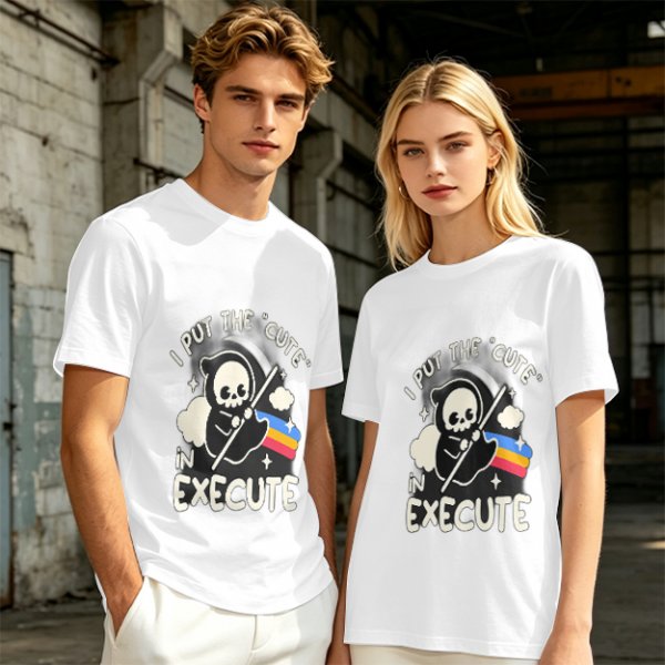 Olive t-shirt with cute grim reaper 'I put the cute in execute' print