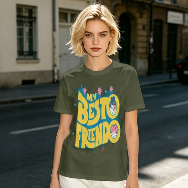 Olive graphic t-shirt with 'MY BESTO FRIENDO' anime character print