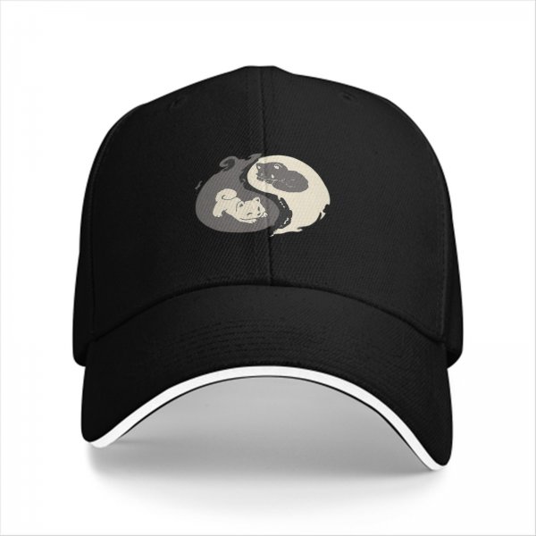 Black baseball cap with yin yang cat graphic design