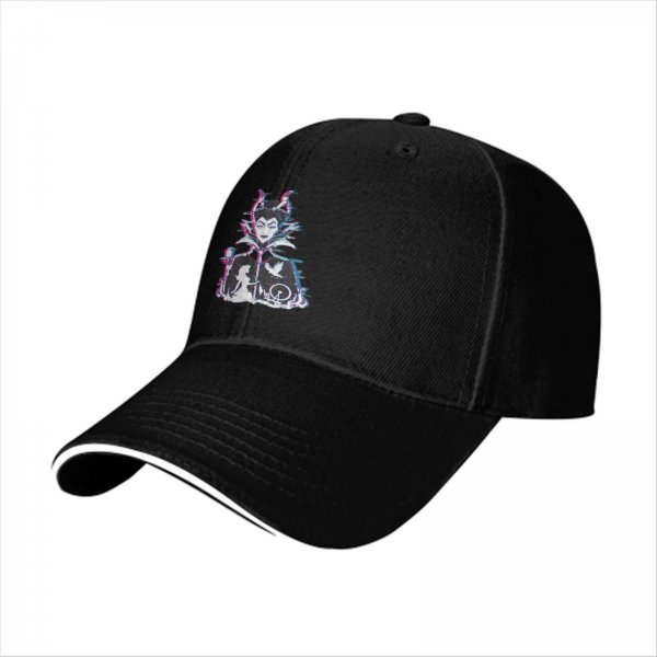 Black baseball cap with glitch-style Maleficent graphic print