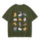 Olive Green T-Shirt With Cute Cat Yoga Pose Illustrations