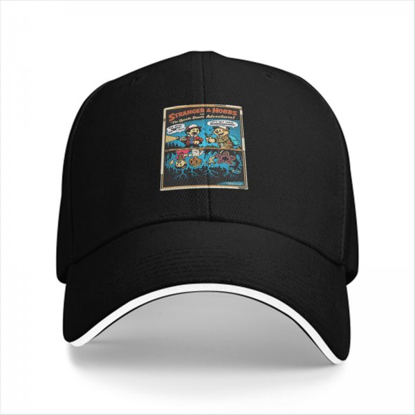 Black baseball cap with Stranger & Hobbs Upside Down Adventures graphic print