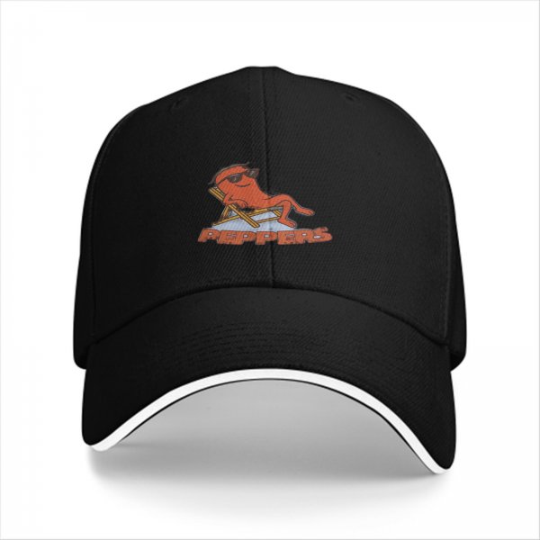 Black baseball cap with a relaxed cartoon pepper graphic and text