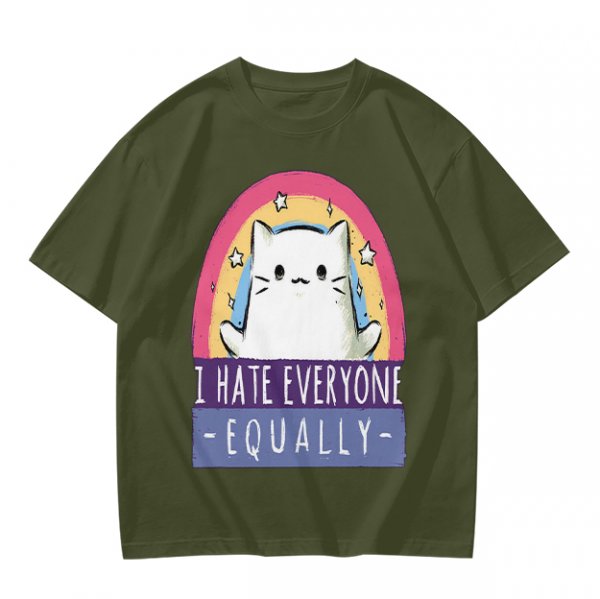Olive graphic t-shirt with a white cat and 'I hate everyone equally' print