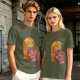Olive Green T-Shirt with Cozy Frog in Pumpkin Hat Graphic