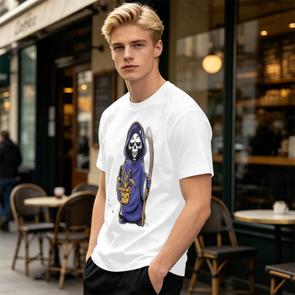 Olive T-Shirt With Cute Grim Reaper Holding Wilted Potted Plant Print