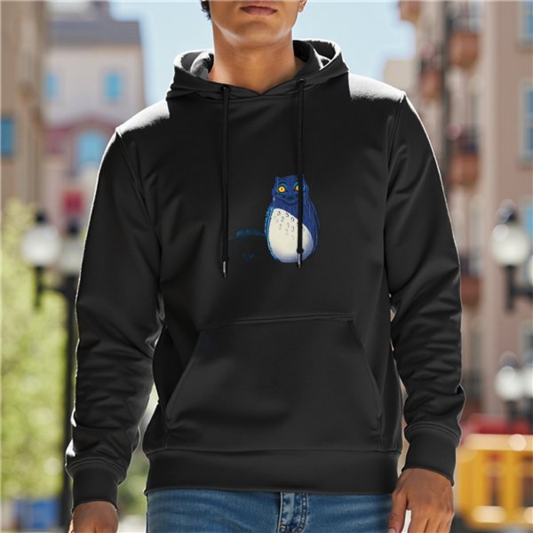 Black hoodie with blue whimsical creature graphic print