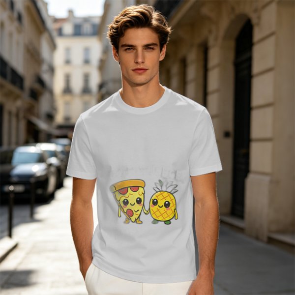 Olive T-Shirt with Cute Pizza and Pineapple Holding Hands Print