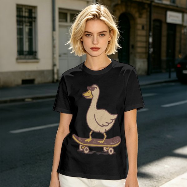 Olive T-Shirt Featuring a Cool Duck Wearing Sunglasses Riding a Skateboard