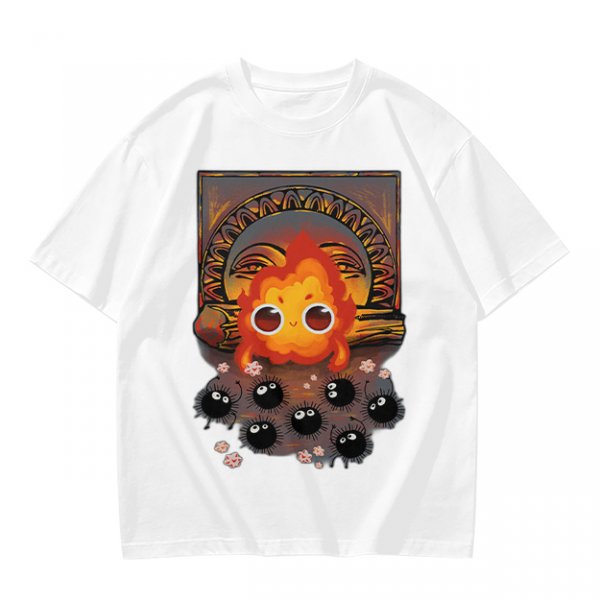Olive t-shirt with Calcifer and soot sprites graphic print