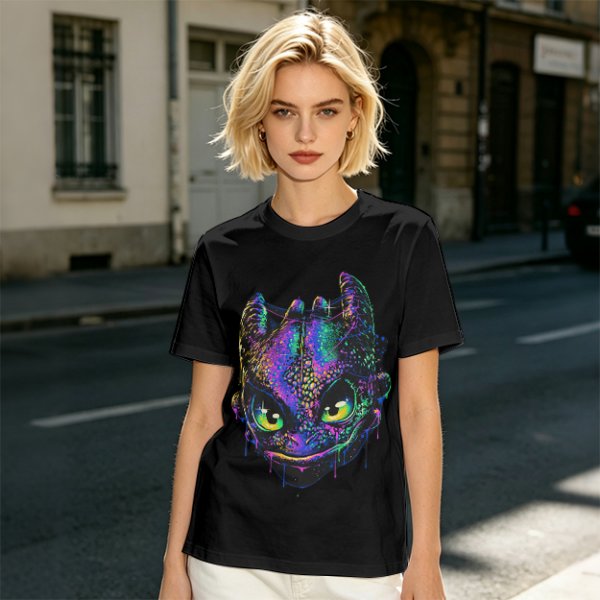 Olive T-Shirt With Neon Toothless Dragon Head Art Print