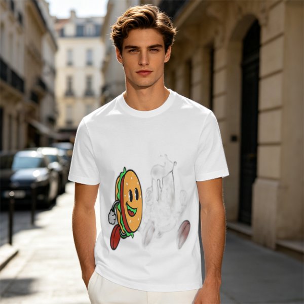Olive T-Shirt With Cartoon Running Hamburger Character Print