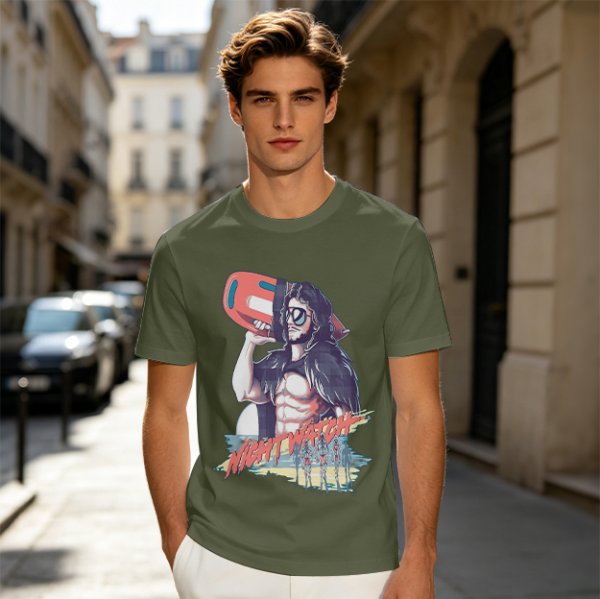 Olive Graphic T-Shirt with Muscular Figure Holding Red Device and Night Watch Text