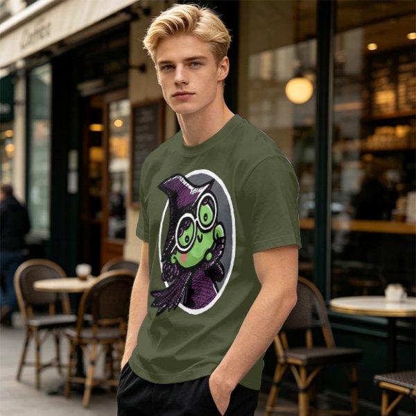 Olive T-Shirt With Cute Green Witch Wearing Glasses Graphic