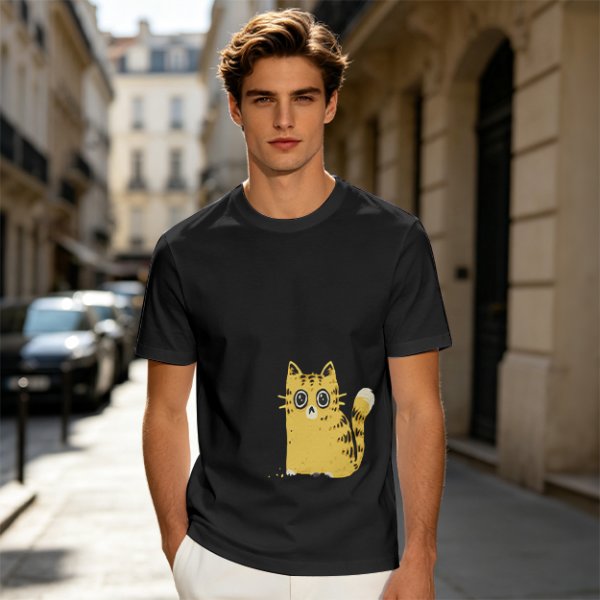 Olive Green T-Shirt With Surprised Yellow Tabby Cat Graphic