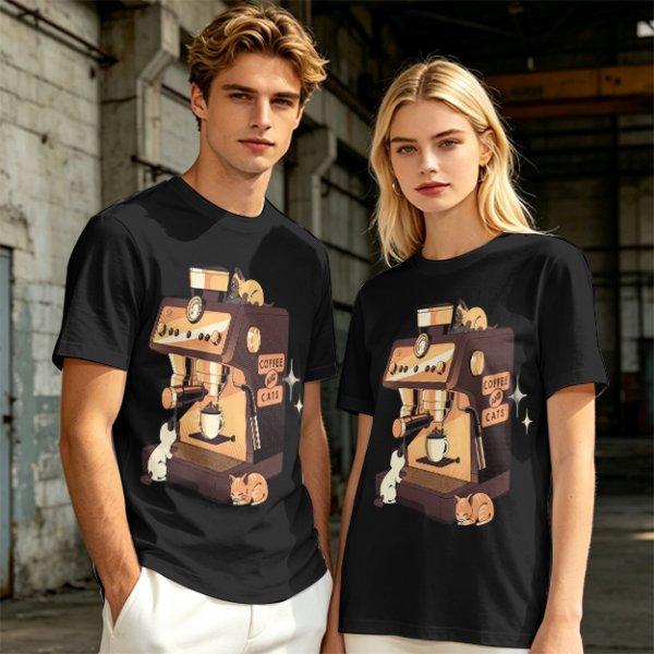Olive t-shirt with espresso machine and cats graphic