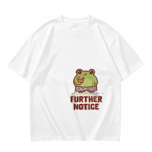 Olive T-Shirt with Cute Frog Graphic and Further Notice Text
