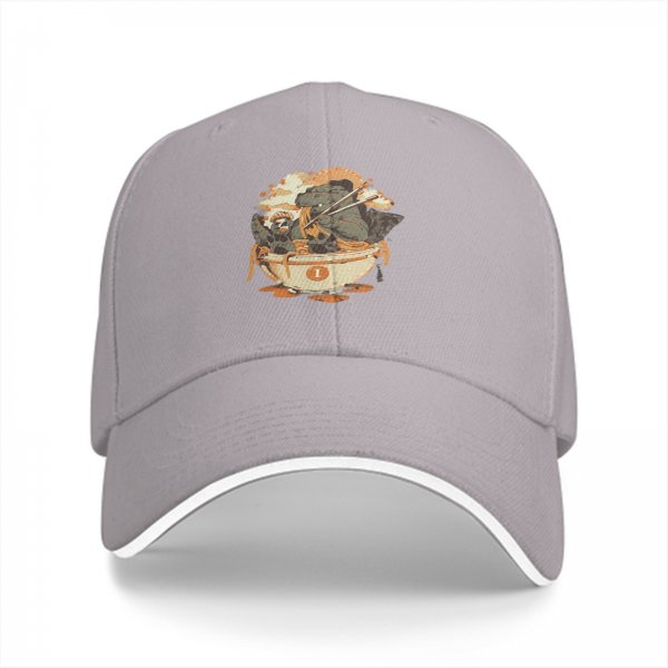 Black Baseball Cap with Dinosaur Eating Ramen Graphic