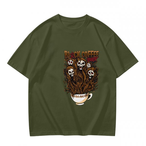 Black Coffee Skull Ghosts Graphic Olive Green T-Shirt