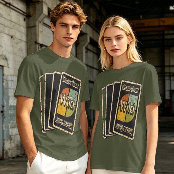 Olive T-Shirt with Retro Uno Wild Draw Four Card Graphic