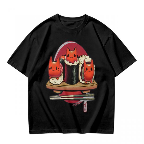 Olive t-shirt with cute cat sushi characters on a wooden platter