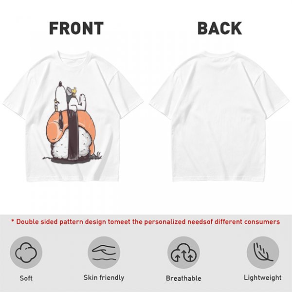 Olive t-shirt with Snoopy and Woodstock sushi print