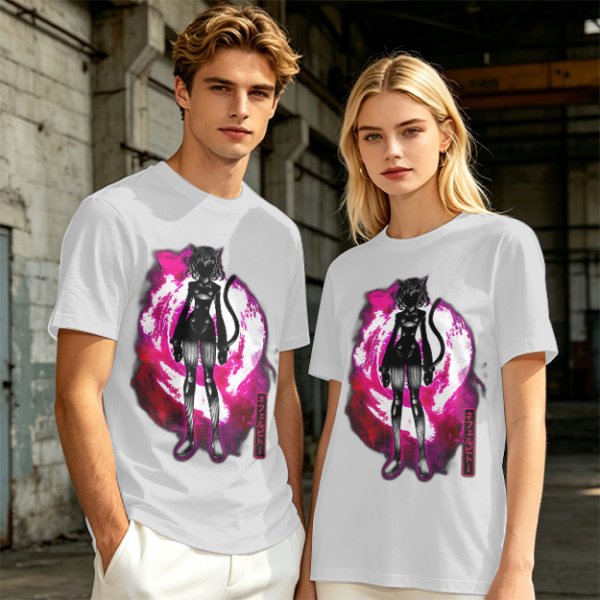 Olive anime cat character graphic t-shirt with pink abstract background