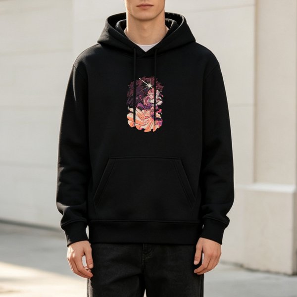 Black hoodie with anime-style fantasy character graphic print