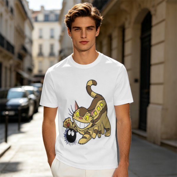 Olive T-shirt with Catbus and Soot Sprite Anime Print