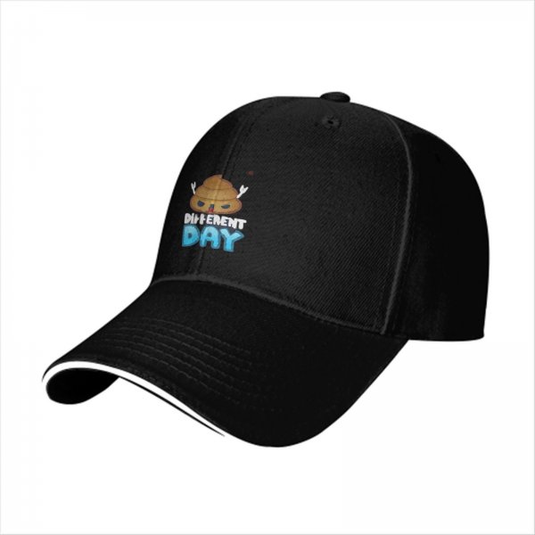 Black baseball cap with poop emoji graphic and 'Different Day' text