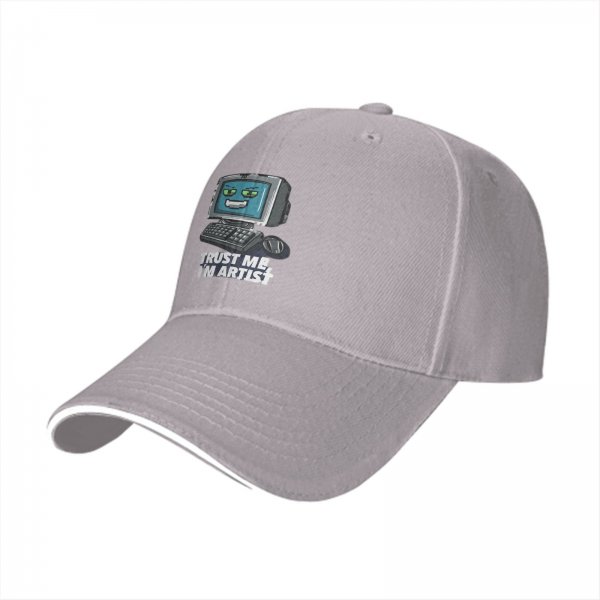 Black baseball cap with retro computer graphic and 'Trust me I'm artist' text