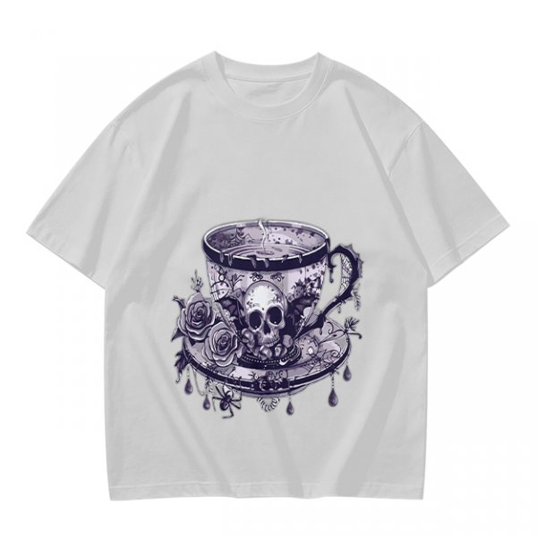Olive T-shirt with Gothic Skull Teacup and Roses Print