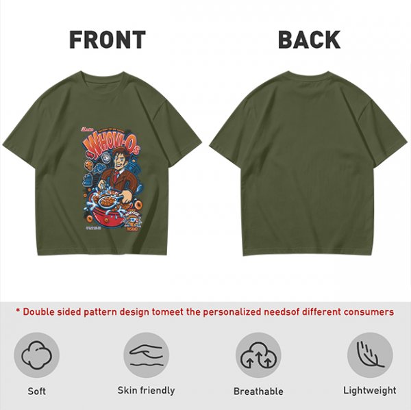Olive green t-shirt with Doctor Who themed Whovio's cereal graphic