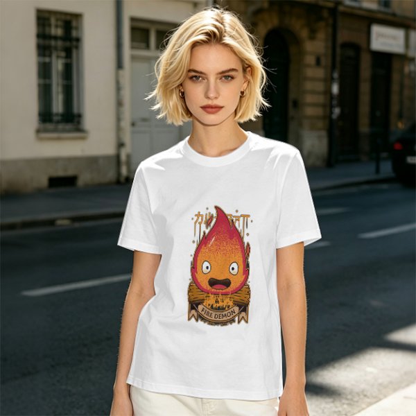 Olive t-shirt with Calcifer Fire Demon graphic print