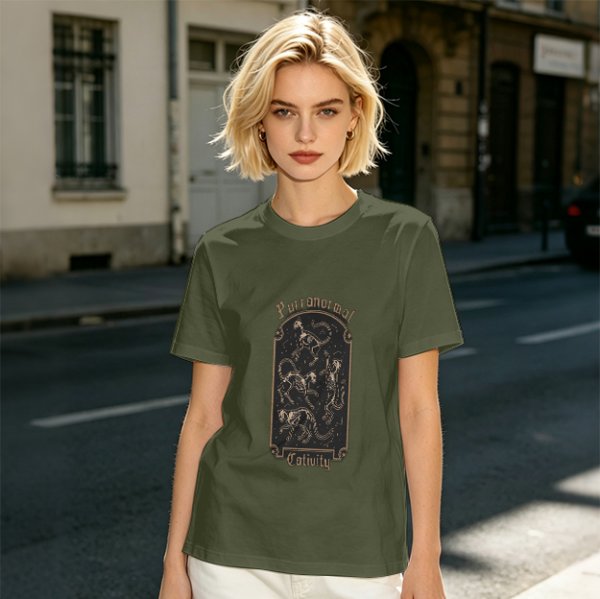 Olive Green T-Shirt with Purranormal Cat Skeleton Tarot Art