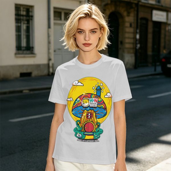 Olive T-Shirt with Trippy Mushroom House Graphic Design