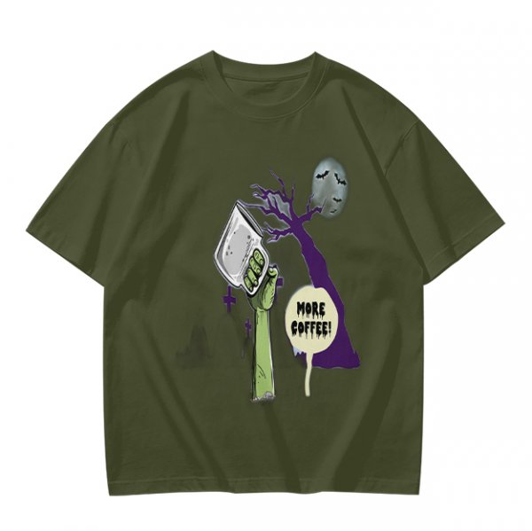 Olive Zombie Hand Holding Coffee Mug 'More Coffee!' Graphic T-Shirt