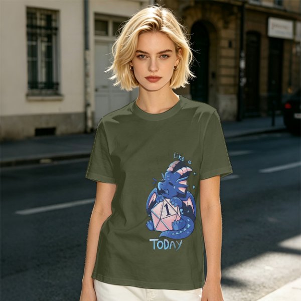Olive T-Shirt With Sad Dragon Holding D20 Natural 1 'Like A Today' Print