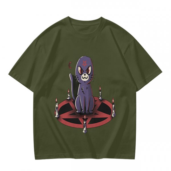 Olive T-Shirt With Purple Demon Cat On Pentagram And Candles
