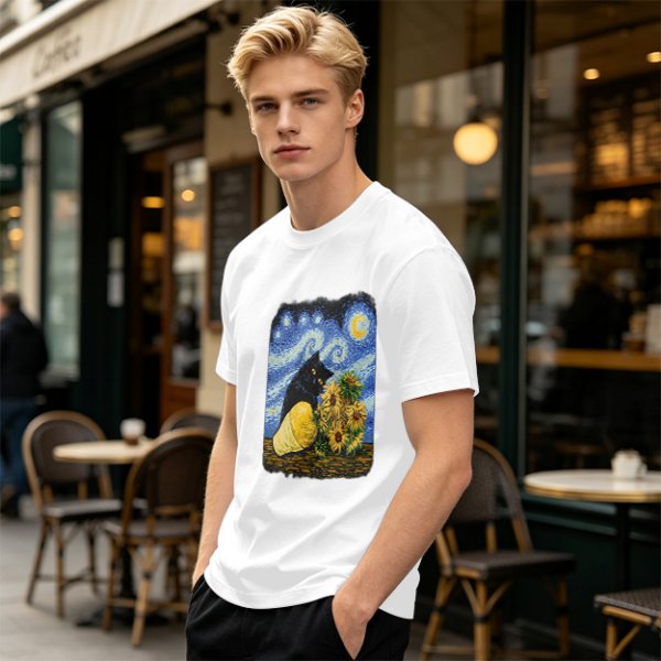 Olive T-Shirt with Starry Night Cat and Sunflowers Art Print