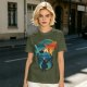 Olive green t-shirt with fantasy warrior silhouette graphic