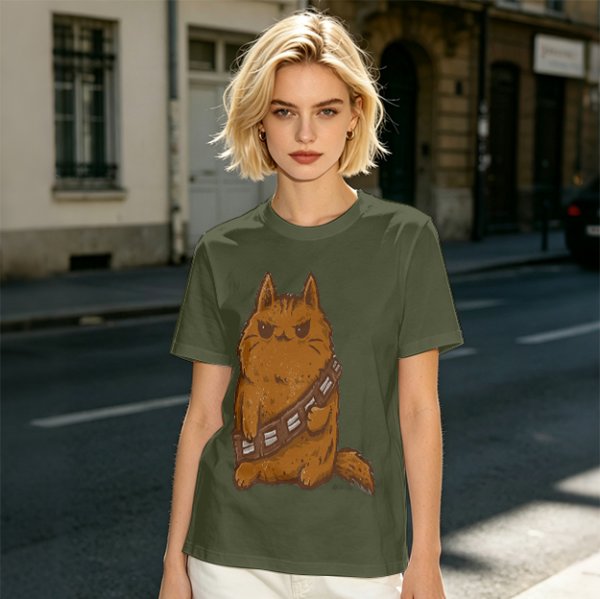 Olive green t-shirt with a grumpy cat in a Chewbacca-style bandolier print