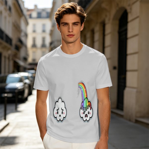Oversized Olive T-Shirt With Sad Clouds And Rainbow Drip Graphic