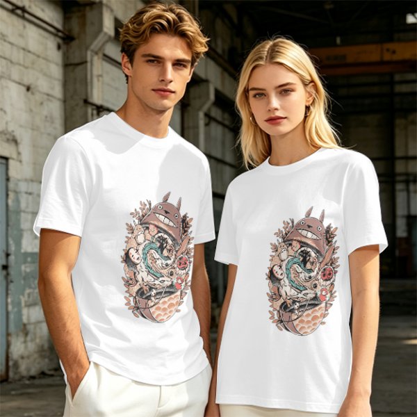 Olive Green T-Shirt with Studio Ghibli Character Collage Print