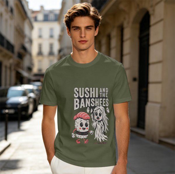 Olive t-shirt with sushi and banshee graphic print