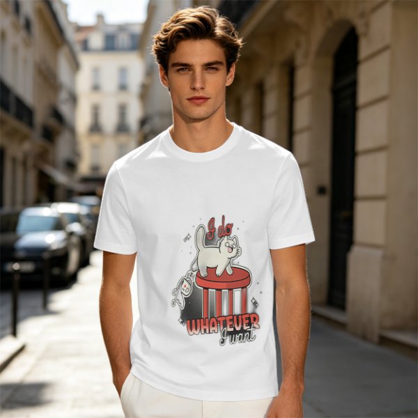 Olive graphic tee with a white cat on a stool and the text I do whatever I want