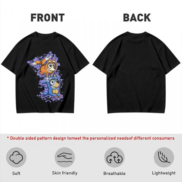 Olive green t-shirt with cartoon characters in cosplay graphic