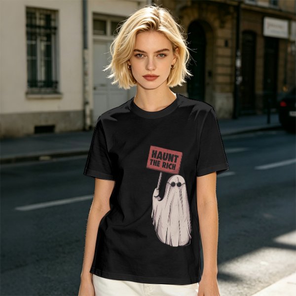 Olive T-Shirt With Ghost Holding 'Haunt The Rich' Protest Sign